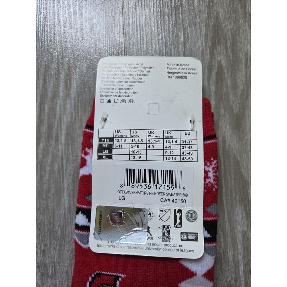 NWT Ottawa Senators Reindeer Christmas Crew Socks Red Holiday Knit Adult Large - Picture 3 of 5